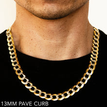 Load image into Gallery viewer, 10K 13MM YELLOW GOLD SOLID PAVE CURB 24" CHAIN NECKLACE (AVAILABLE IN LENGTHS 7" - 30")
