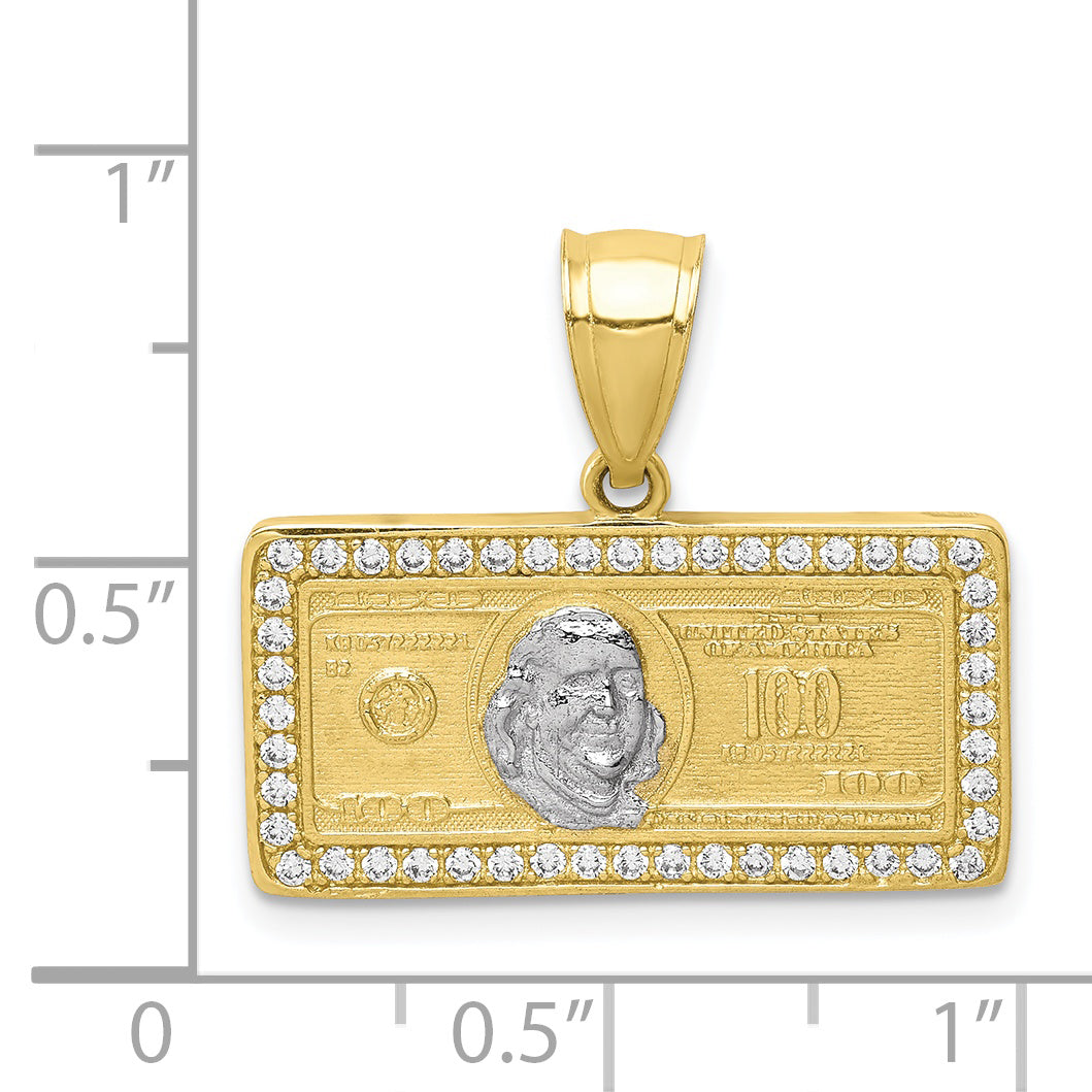 10K w/Rhodium CZ Micropave 100 Dollar Bill Pendant