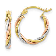 Load image into Gallery viewer, 10k Tri-color Polished 2.5mm Twisted Hoop Earrings
