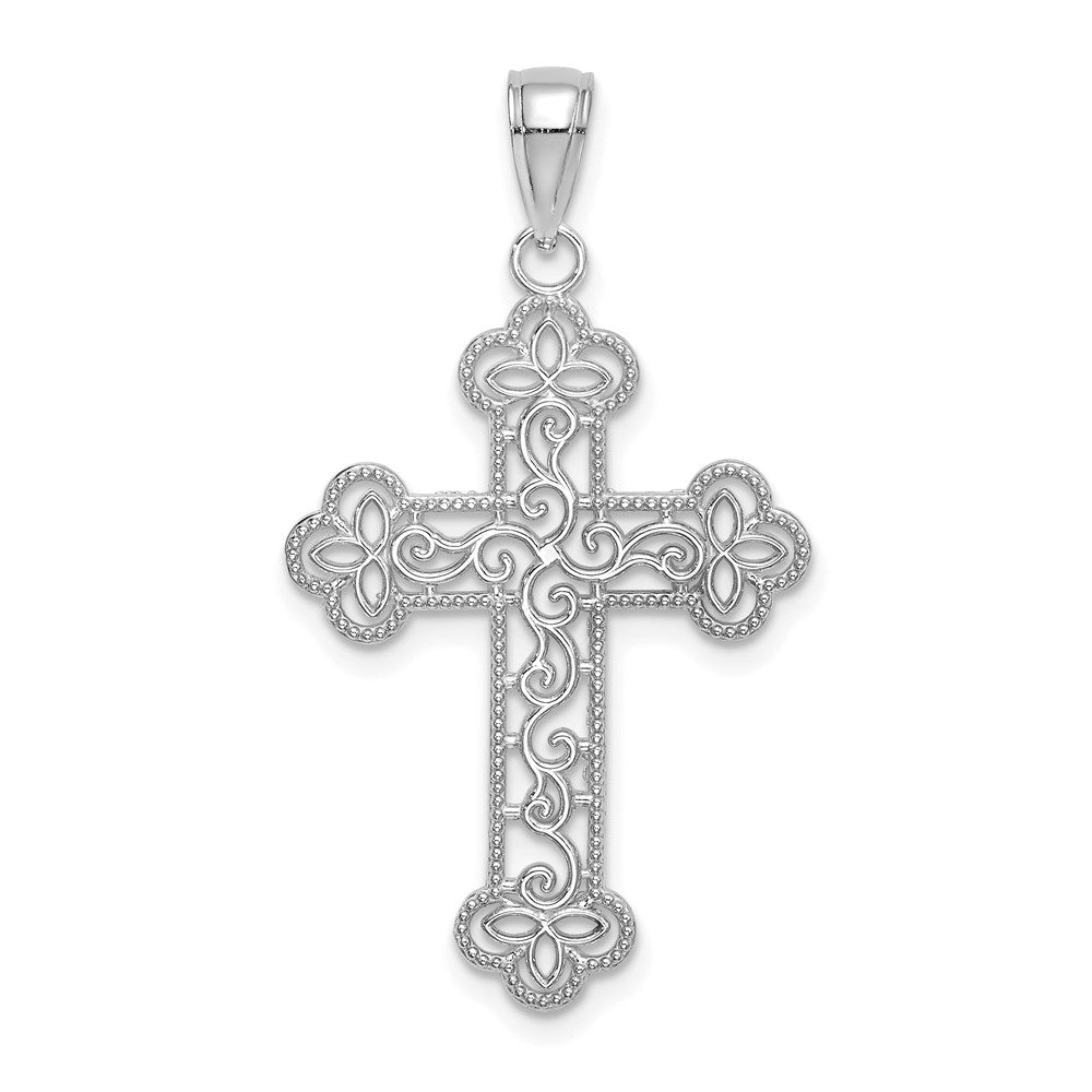 10K White Gold Textured  Beaded Edge Cross Charm