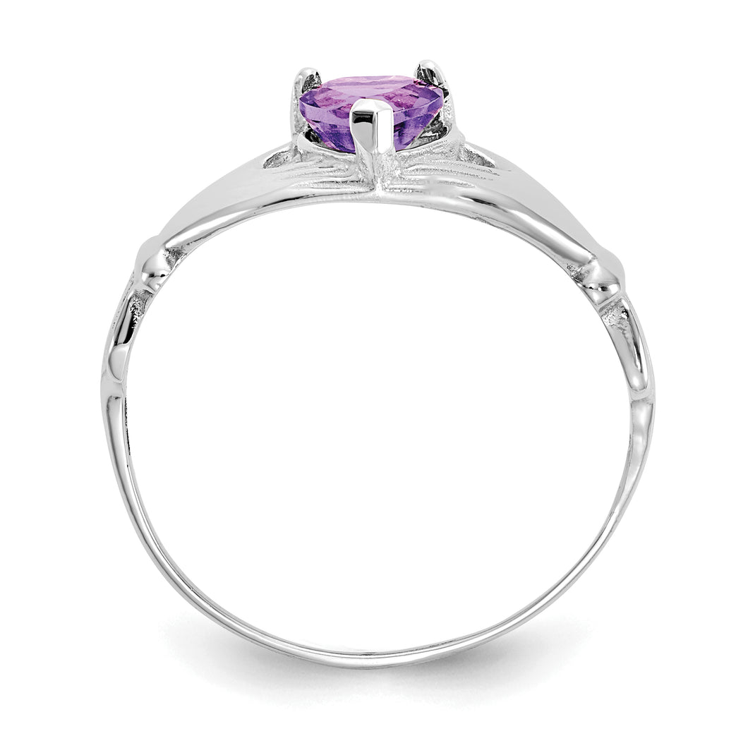 14k White Gold CZ February Birthstone Claddagh Heart Ring