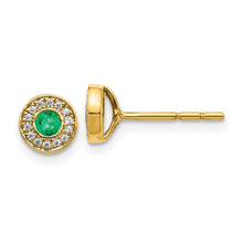 Load image into Gallery viewer, 14k Gold Diamond and Emerald Halo Post Earrings
