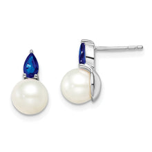 Load image into Gallery viewer, 14k White Gold FWC Pearl and Sapphire Post Earrings
