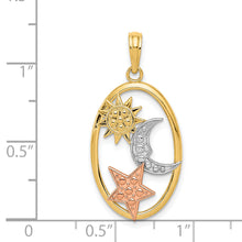 Load image into Gallery viewer, 14k Two-tone w/White Rhodium Sun, Moon and Star Oval Pendant
