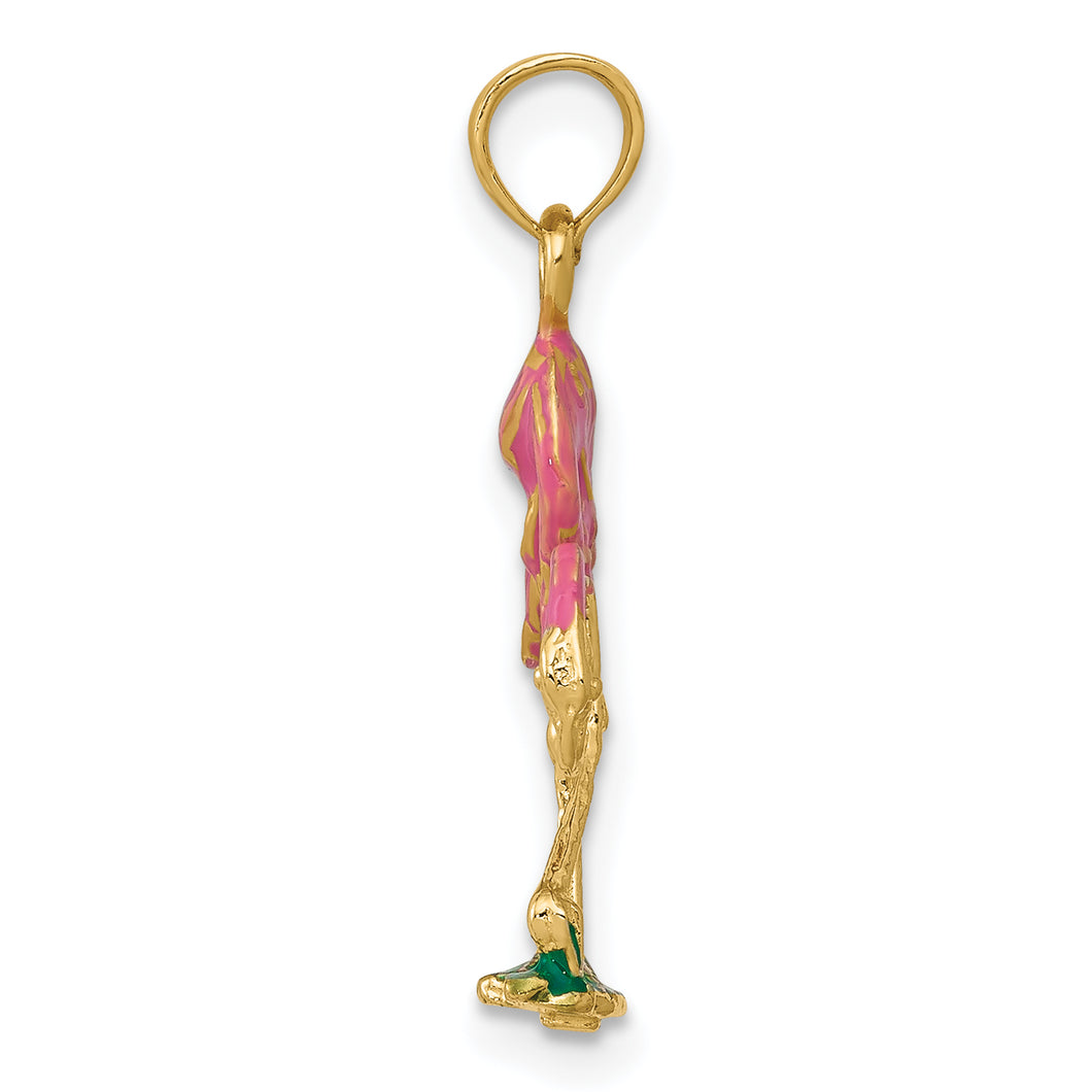 14k Enameled Flamingo Pendant