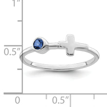 Load image into Gallery viewer, Sterling Silver Rhodium-plated Polished Cross Lab Created Sapphire Ring
