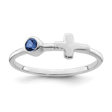 Load image into Gallery viewer, Sterling Silver Rhodium-plated Polished Cross Lab Created Sapphire Ring
