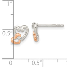 Load image into Gallery viewer, Sterling Silver Rhodium/Rose Gold-plated Polish Double Heart Post Earrings
