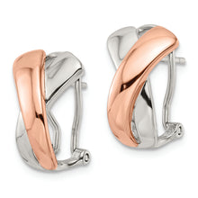 Load image into Gallery viewer, Sterling Silver &amp; Rose-tone Polished X Omega Back J-Hoop Earrings
