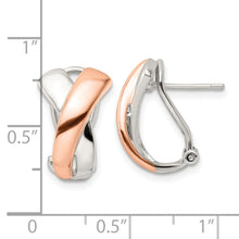 Load image into Gallery viewer, Sterling Silver &amp; Rose-tone Polished X Omega Back J-Hoop Earrings
