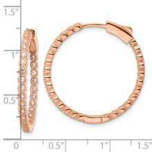 Load image into Gallery viewer, Sterling Silver Polished Rose-tone In &amp; Out CZ Hinged Hoop Earrings
