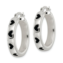 Load image into Gallery viewer, Sterling Silver Polished Black Enameled Hearts Circle Hoop Earrings
