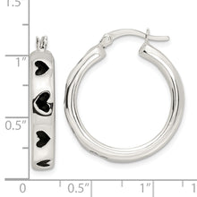 Load image into Gallery viewer, Sterling Silver Polished Black Enameled Hearts Circle Hoop Earrings
