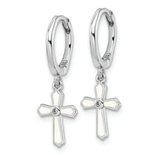 Load image into Gallery viewer, Sterling Silver RH-plated CZ White Enamel Cross Dangle Hoop Earrings

