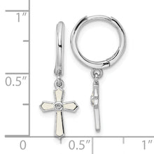 Load image into Gallery viewer, Sterling Silver RH-plated CZ White Enamel Cross Dangle Hoop Earrings
