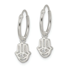 Load image into Gallery viewer, Sterling Silver Polished CZ Hamsa Dangle Endless Round Hoop Earrings
