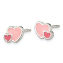 Load image into Gallery viewer, Sterling Silver Rhodium-plated Pink Enamel Double Heart Post Earrings
