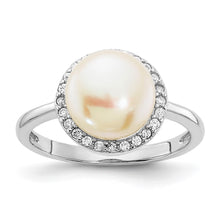 Load image into Gallery viewer, Sterling Silver Rhod-plated CZ 9-10mm Button White FWC Pearl Ring
