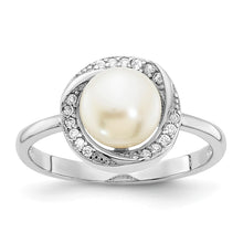 Load image into Gallery viewer, Sterling Silver Rhod-plated CZ 7-8mm Button White FWC Pearl Ring
