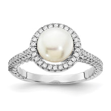 Load image into Gallery viewer, Sterling Silver Rhod-plated CZ 7-8mm Button White FWC Pearl Ring
