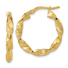 Load image into Gallery viewer, 14k Polished and Textured Twisted 3mm Hoop Earrings
