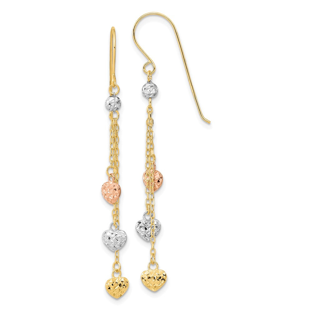 14k Tri-color D/C Triple Heart Dangle Shepherd Hook Earrings