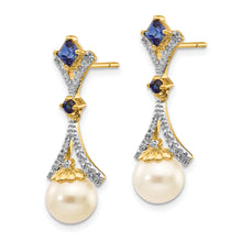 Load image into Gallery viewer, 14k 7-8mm FWC Pearl Created Sapphire Diamond Dangle Post Earrings
