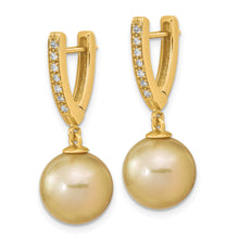 Load image into Gallery viewer, 14K 10-11mm Round Golden Saltwater South Sea Pearl .105ct. Dia. Dangle Earr
