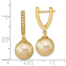 Load image into Gallery viewer, 14K 10-11mm Round Golden Saltwater South Sea Pearl .105ct. Dia. Dangle Earr
