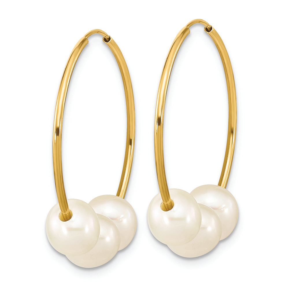 14K 6-7mm Semi-round White FWC Pearl Hoop Dangle Earrings