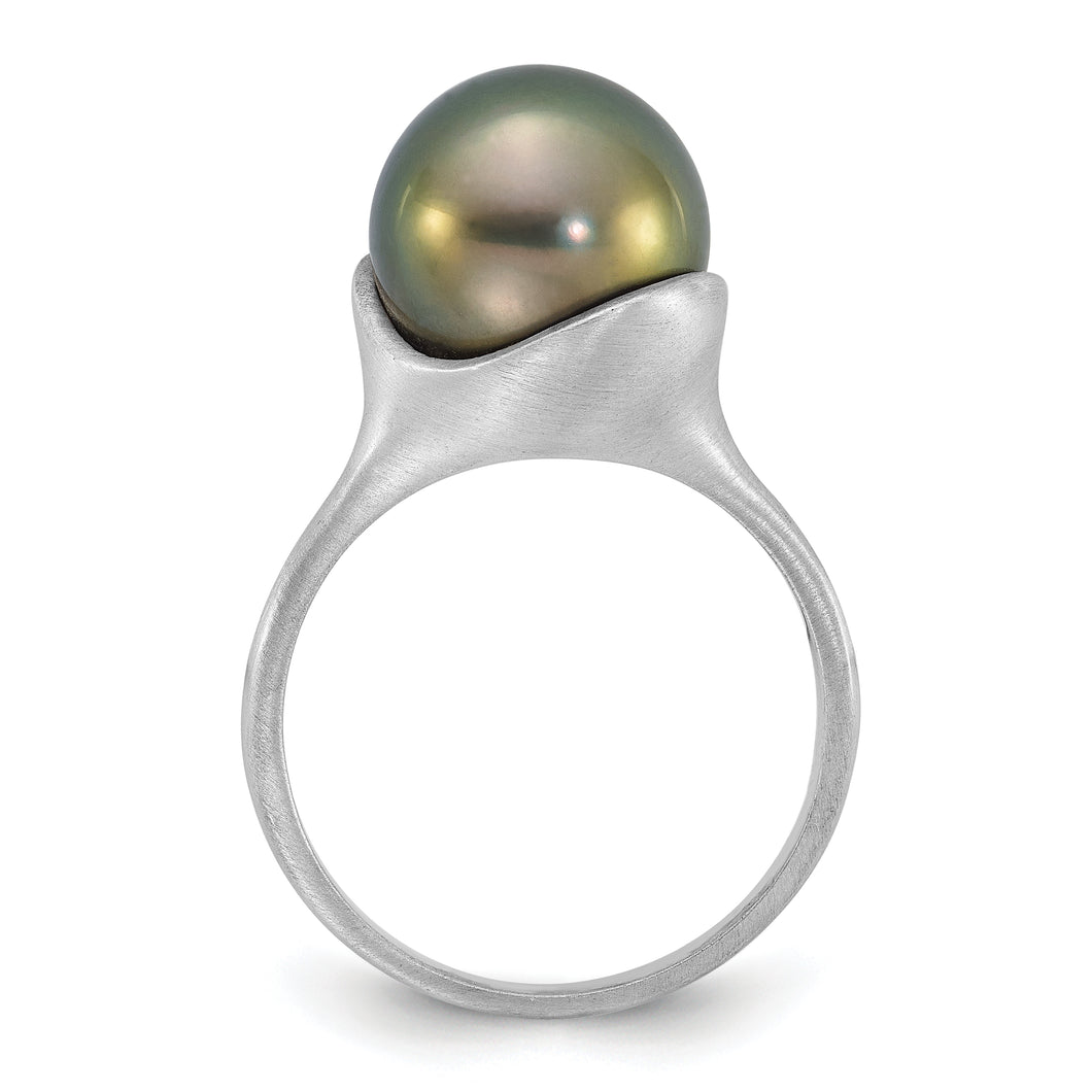 14K White Gold Brushed 10-11mm Round Black Tahitian Pearl Ring