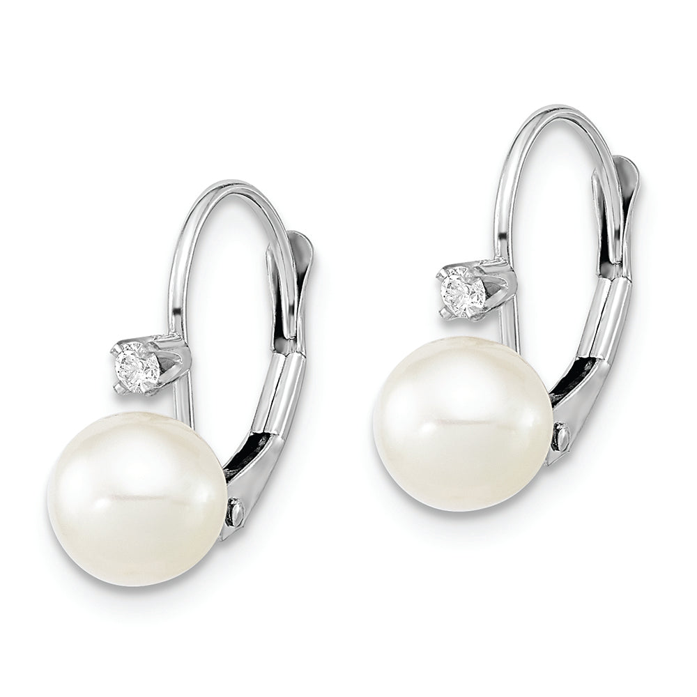 14K White Gold 6-7mm Round White FWC Pearl .06ct. Dia. Leverback Earrings