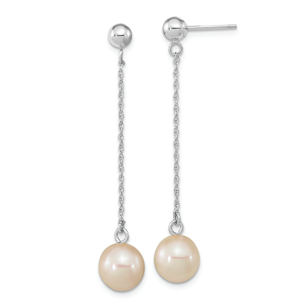 14kw 7-8mm White Round Freshwater Cultured Pearl Post Dangle Earrings
