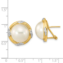 Load image into Gallery viewer, 14K 13-14mm White Saltwater Mabe Pearl .16ct Dia. Omega Back Earrings
