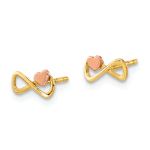 Load image into Gallery viewer, 14K Two-tone Infinity with Heart Post Earrings
