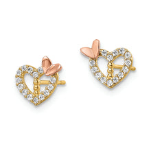 Load image into Gallery viewer, 14k Two-tone CZ Heart w/Butterfly Post Earrings

