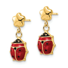 Load image into Gallery viewer, 14k Polished Enameled Flower with Ladybug Post Dangle Earrings
