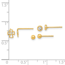 Load image into Gallery viewer, 14K Polished Set of Ball Post Cross and CZ Bezel 3 Pair Earrings Set
