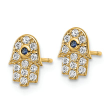 Load image into Gallery viewer, 14k CZ &amp; Blue Glass Stone Hamsa Post Earrings
